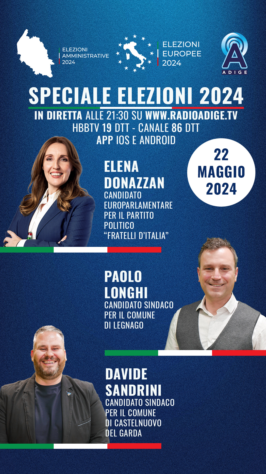 Speciale Elezioni 2024, questa sera a RadioAdige.Tv Elena Donazzan, Paolo Longhi e Davide Sandrini