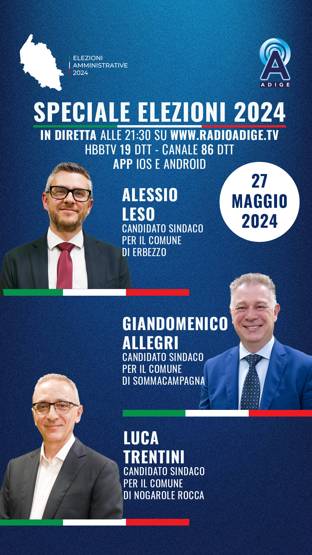 Speciale Elezioni 2024: questa sera Alessio Leso, Giandomenico Allegri e Luca Trentini a RadioAdige.Tv