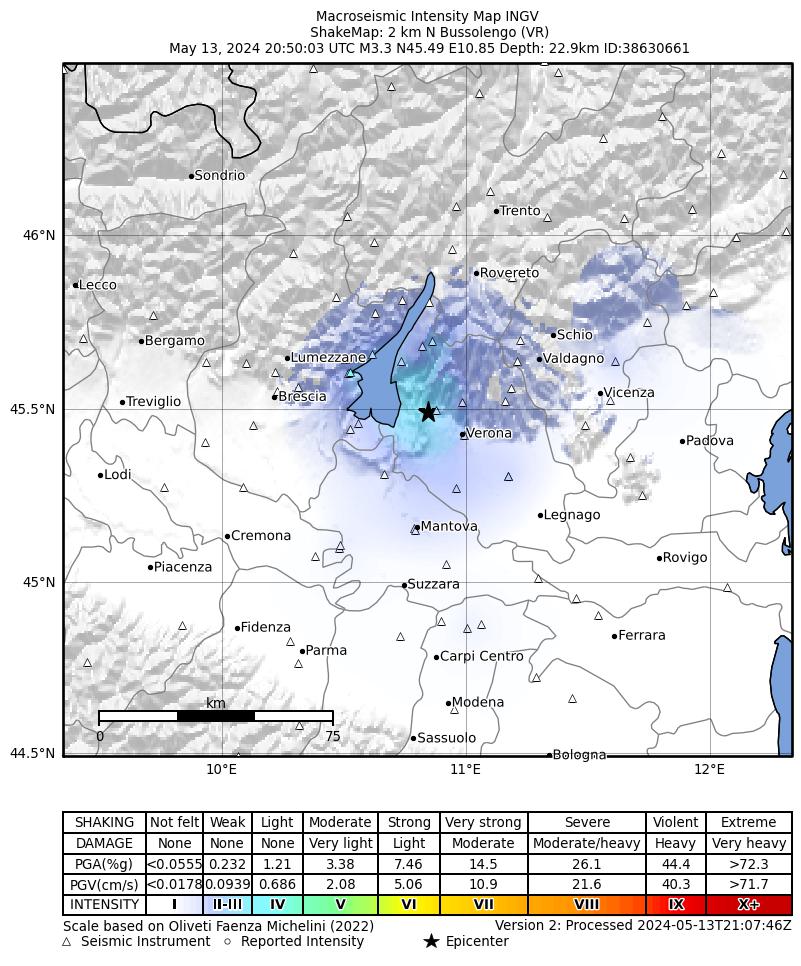 Terremoto in serata a Bussolengo, fra 3.3 e 3.8 di magnitudo