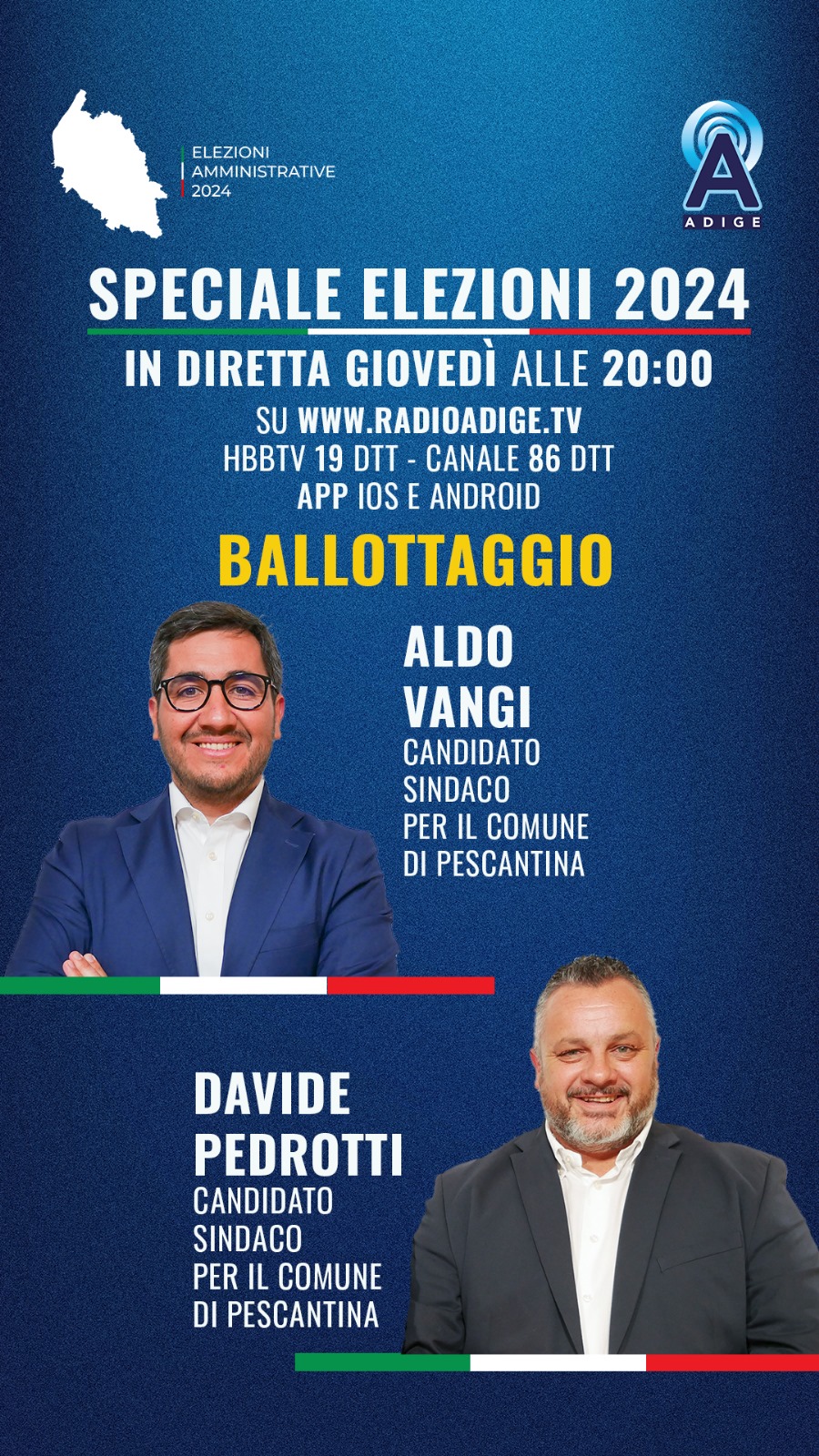 Pescantina, per il ballottaggio questa sera faccia a faccia fra Aldo Vangi e Davide Pedrotti su Radioadige.tv